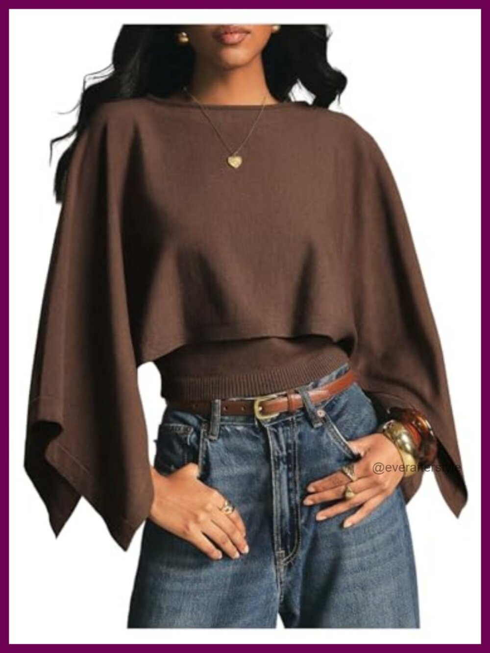 Asymmetrical Poncho Sweater 3/4 Sleeve Cropped Knit Boat Neck